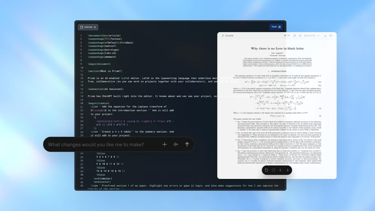 Platform Prism yang berbasis LaTeX workspace untuk para peneliti ilmiah, dosen, dan mahasiswa.(OpenAI)