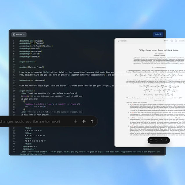 Platform Prism yang berbasis LaTeX workspace untuk para peneliti ilmiah, dosen, dan mahasiswa.(OpenAI)