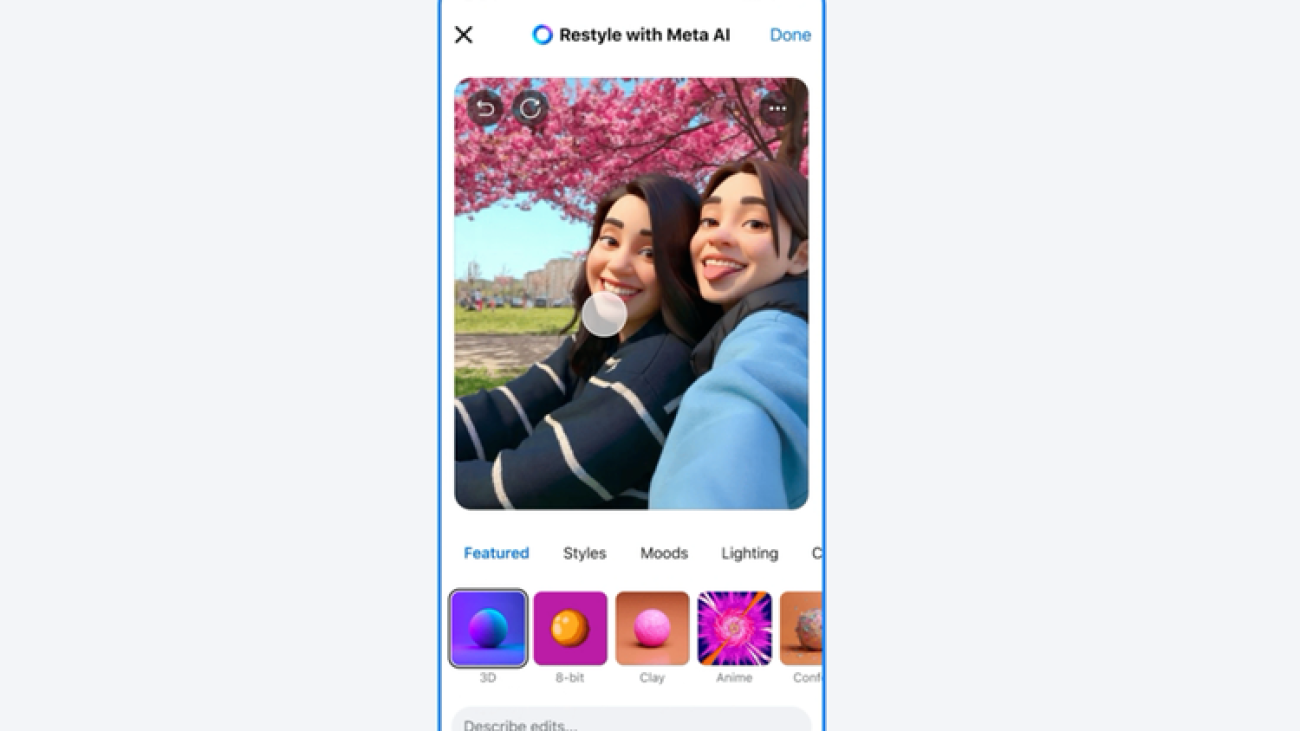 Facebook menghadirkan fitur Restyle untuk mengubah tema foto Stories atau foto profil. Beberapa opsi yang tersedia yaitu tema 3D untuk mengubah foto menjadi tampilan 3D, Anime, Clay, dan lain sebagainya.(Facebook)