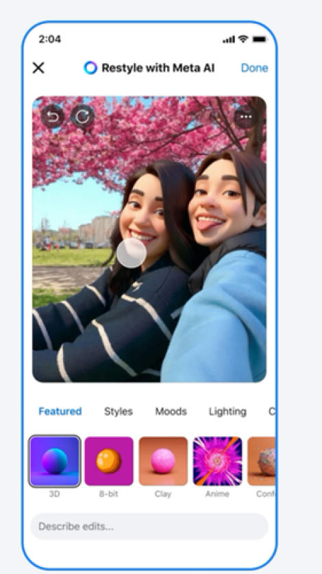 Facebook menghadirkan fitur Restyle untuk mengubah tema foto Stories atau foto profil. Beberapa opsi yang tersedia yaitu tema 3D untuk mengubah foto menjadi tampilan 3D, Anime, Clay, dan lain sebagainya.(Facebook)