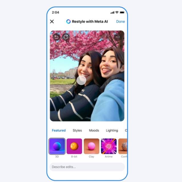 Facebook menghadirkan fitur Restyle untuk mengubah tema foto Stories atau foto profil. Beberapa opsi yang tersedia yaitu tema 3D untuk mengubah foto menjadi tampilan 3D, Anime, Clay, dan lain sebagainya.(Facebook)