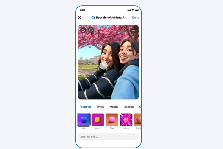 Facebook menghadirkan fitur Restyle untuk mengubah tema foto Stories atau foto profil. Beberapa opsi yang tersedia yaitu tema 3D untuk mengubah foto menjadi tampilan 3D, Anime, Clay, dan lain sebagainya.(Facebook)